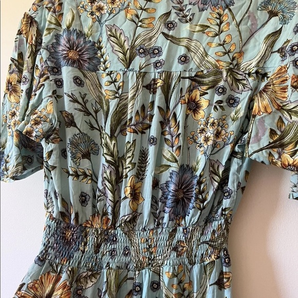 Petal and Pup Sz S Blue Floral Maxi Flutter Sleeve Ruched Waist V-Neck Sundress - Picture 3 of 9